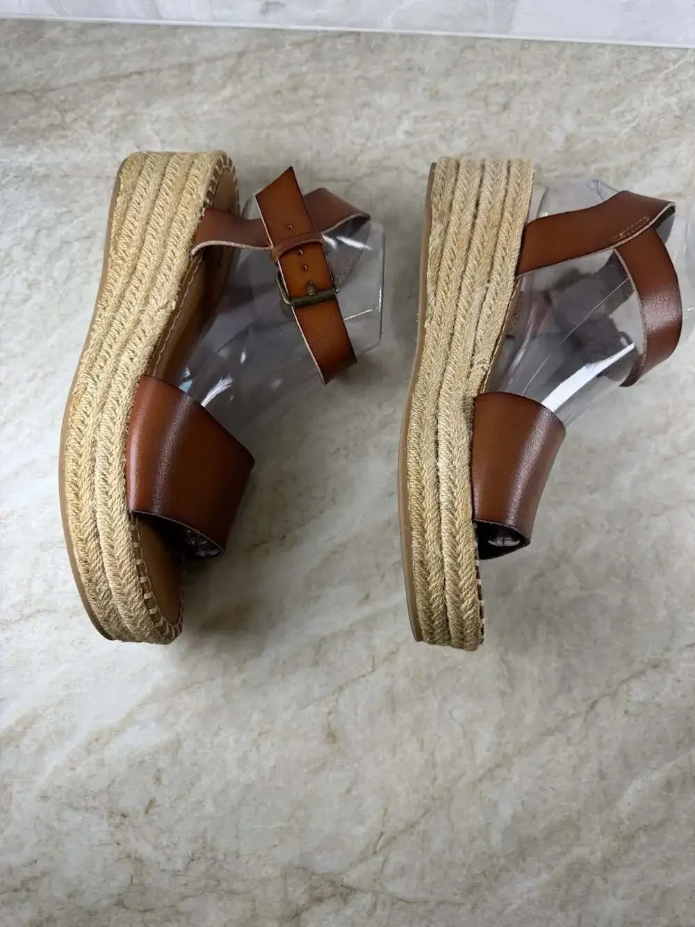White Mountain Tan Espadrille Platform Sandals Ankle Strap Women’s Size 10